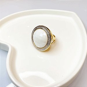 Anel Pedra Natural Porcelana Perolado Banho de Ouro 18K