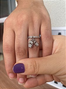 Anel Cravejado Pingente Filhos Casal Banho de Ródio