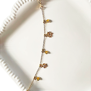 Pulseira Infantil Menina Tartaruga Abelha e Cristal Banho de Ouro 18K