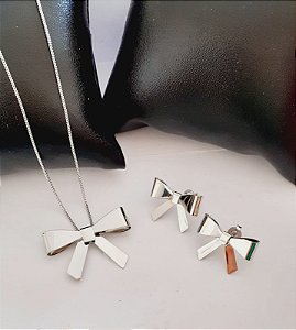 Conjunto Colar e Brinco Laço Banho de Ródio Branco