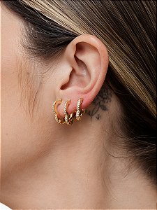 Trio de Brinco Argola Trevo Cravejada Banho de Ouro 18K