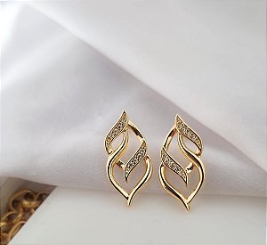 Brinco Folha Dupla Fio Crav Zirc Vazada Banho de Ouro 18K