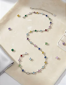 Colar Feminino com Zircônia Colorida 45cm Aço