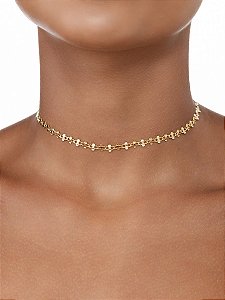 Colar Choker Elos Lisos 30cm Banho de Ouro 18K