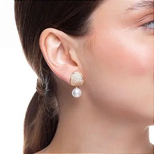 Brinco Orgânico Cravejado Perola 10mm Banho de Ouro 18K