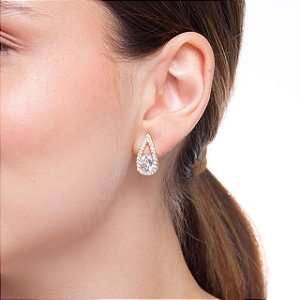 Brinco Gota Ponto de Luz Cravejada Banho de Ouro 18K
