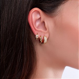 Brinco Argolas Trio Cravejada Carre e Lisa Banho de Ouro 18K