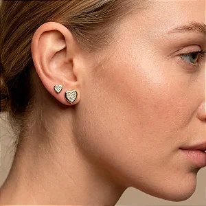 Brinco Dupla Coração Cravejado Banho de Ouro 18K