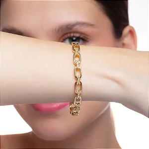 Pulseira Bracelete Elos X Cravejado Banho de Ouro 18K