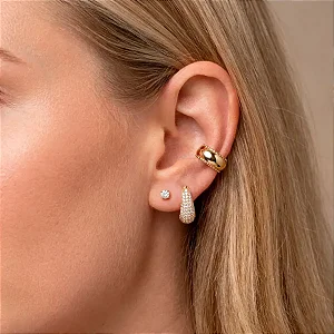 Brinco Trio Argola Cravejado Ponto de Luz e Piercing Banho de Ouro 18K