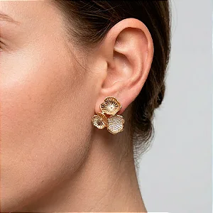 Brinco Flores Cravejada e Lisa Banho de Ouro 18K