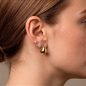 Brinco Trio Argola Lisa e Gota Cravejada Banho de Ouro 18K