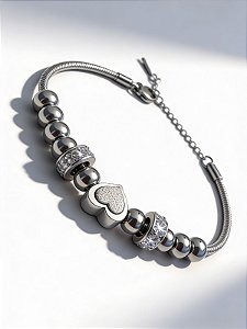 Pulseira Com Esferas e Coração Com Glitter Aço