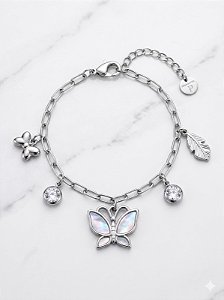 Pulseira Com Cristais Borboleta Laço Folha 22CM Aço
