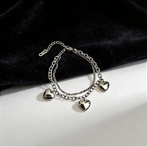 Pulseira Dupla Grumet Fina Cadeado Grosso Corações 22CM Aço