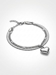 Pulseira Feminina Dupla Fita Grumet Detalhada Com Coração 23CM Aço