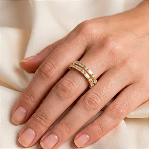 Anel Duas Fileiras Cravejado Modelo Baguete Banho de Ouro 18K