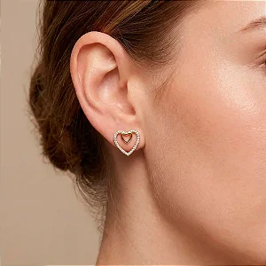 Brinco Coração Cravejado e Liso Banho de Ouro 18K