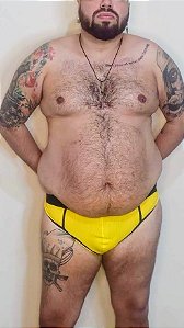 CUECA CANELADO AMARELA FRENTE SLIP ATRAS JOCK COM FAIXA LARGA PLUS SIZE