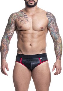 CUECA EM CIRRE PRETO E VERM TRABALHADO FRENTE SLIP E ATRAS JOCK