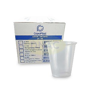 Copo Descartável 400 ml Transparente (PS) - Com 50 un - Copoplast - Caixa com 20 Pacotes