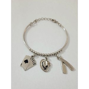 Bracelete Prateado Malandragem Chapeu Baralho Navalha Umbanda Camdomblé