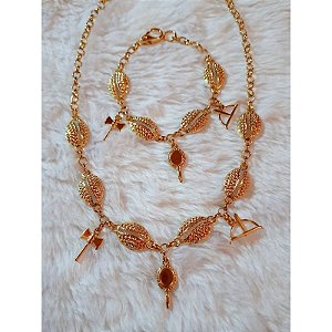Conjunto Folheado Cordão e Pulseira Búzio Oxe, Ofa e Abebe Umbanda Candomblé