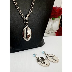 Conjunto Prateado Cordão e Brinco Buzio Grande