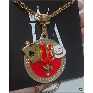 Cordão Medalhão Vermelho Tridente Chapéu Baralho Umbanda Candomblé