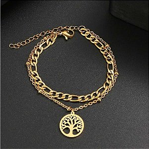 Pulseira Aço Folheada Dupla Arvore da Vida