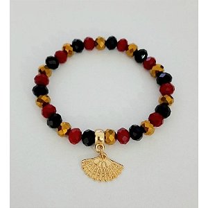 Pulseira Cristal Preto Vermelho Dourado Pombogira Cigana Leque Umbanda Candomblé