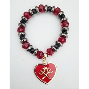 Pulseira Luxo Cristais Preto Vermelho Coração Tridente Exu Pombogira Proteção