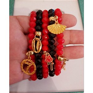 Pulseira Umbanda Cristal Vermelha Preta Sete