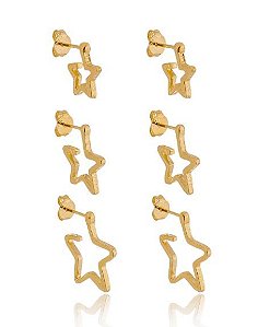 TRIO DE BRINCOS ARGOLAS ESTRELAS