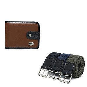 Kit 3 Cintos em Lona (cores: Preto, Azul e Verde) + 1 Carteira grande - (cor: Caramelo)