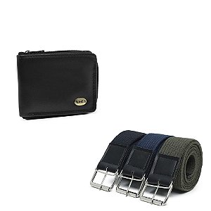 Kit 3 Cintos em Lona (cores: Preto, Azul e Verde) + 1 Carteira grande zíper - (cor: Preta com zíper)