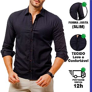 Camisa Social Masculina Manga Longa Slim Fit - Preta