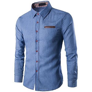 Camisa Masculina Manga Longa Slim Fit Detalhy - Azul Claro
