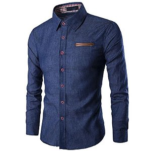 Camisa Masculina Manga Longa Slim Fit Detalhy - Azul Escuro