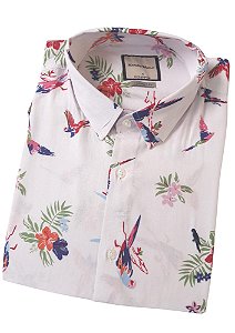 Camisa social manga curta viscose branca desenhos da fauna e flora coleção Elegance Arara