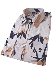 Camisa social feminina manga longa viscose desenhos florais preto e caramelo Coleção Prime Flor
