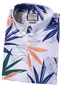 Camisa social manga curta regular viscose branca desenhos florais coleção Elegance Arara