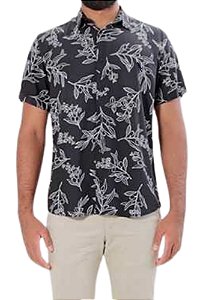 Camisa social manga curta regular viscose preta estampa guaraná coleção Elegance Arara