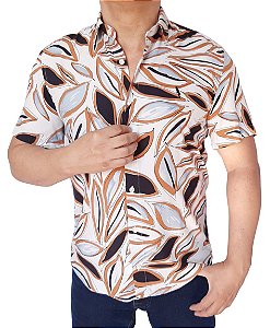 Camisa social manga curta viscose cor bege detalhes em folhagens coleção elegance arara