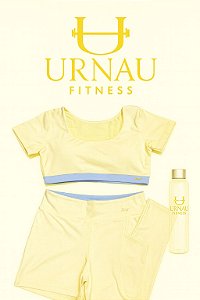 Conjunto de calça com bolso lateral e Cropet - poliamida- Amarelo manteiga com azul- tamanho: 36/42