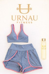 1 conjunto de top e short duplo- Azul bebê e rosa chiclete - Tamanho: M Poliéster