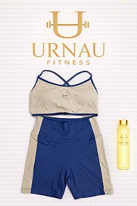 Conjunto de Short e Top com alças finas e bojo- azul e off white - Tamanho: 38/44