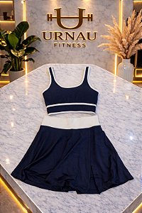 Conjunto top canelado - Azul marinho e detalhe branco- com saia/short - Tamanho: M -