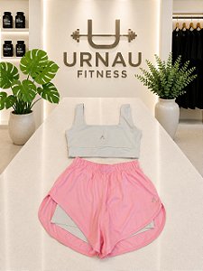 CONJUNTO DE TOP E SHORT DUPLO- cinza claro com rosa bebê - TAMANHO: G