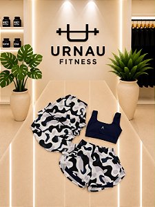 Conjunto Trio-Blusa, Top, short duplo- Azul marinho com branco- tamanho: M